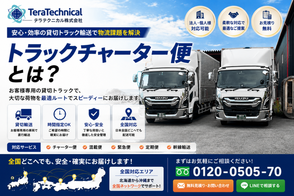 Promotional banner for a truck charter service showing two Isuzu delivery trucks under a blue sky with bold Japanese text and service icons at the bottom (TeraTechnical).
