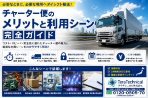大型トラックが高速道路を走る広告バナー。チャーター便のメリットと使用シーンを紹介する完全ガイドの案内付き。