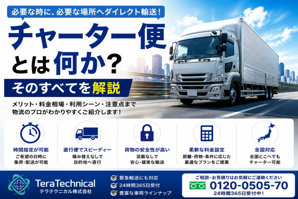 What is a charter flight | テラテクニカル株式会社 トラックを走らせる物流広告。チャーター便とは何かを解説する内容の販促バナー。発送の自由度と専門サービスを訴求。