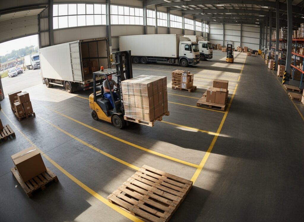LogisticsLoadingAndUnloadingZoneWorkerOperatingAForkliftWithout | トラックチャーター・混載便・緊急便