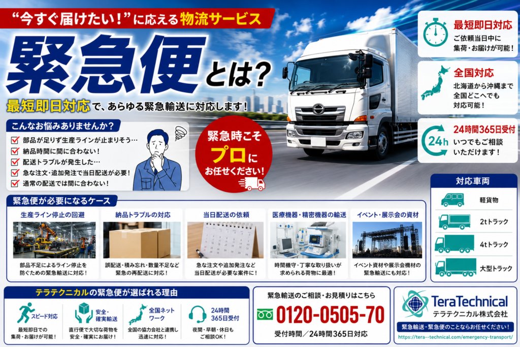 急 urgently delivering logistics banner: 大型トラックと『緊急便』の文字、24時間365日対応を伝える広告ポスター。