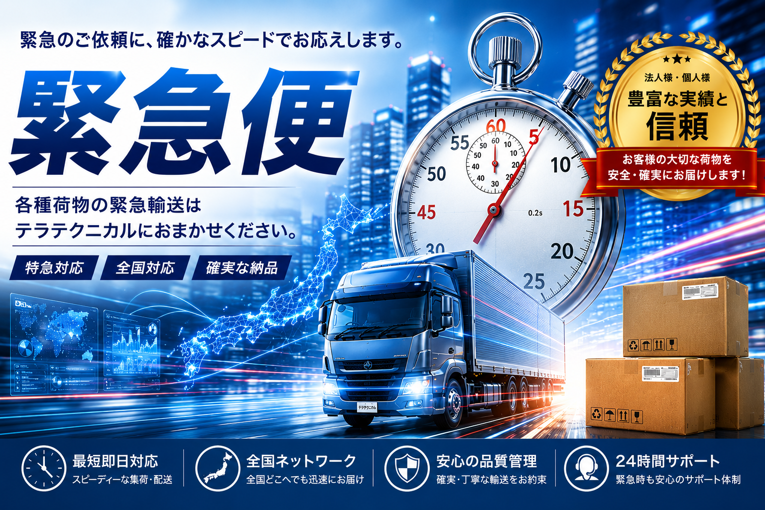 緊急便の広告。巨大な時計と高速トラック、段ボール箱が描かれ、迅速配送と信頼を訴求している。