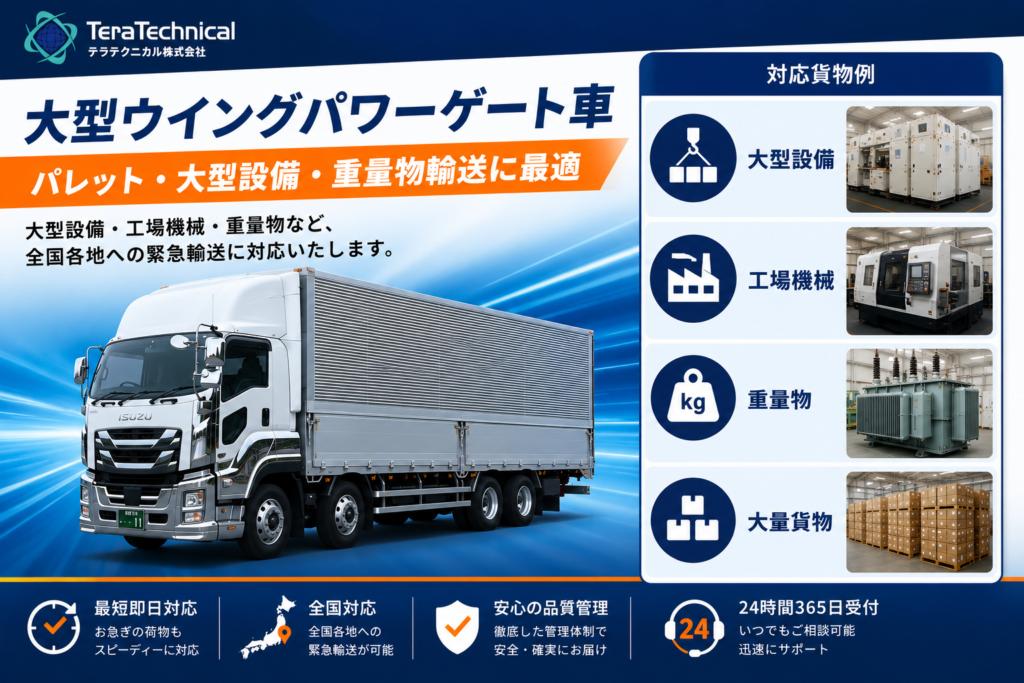 大型ウィングパワーゲート車の広告バナー：パレット・大型設備・重量物輸送に最適と訴求したビジュアル