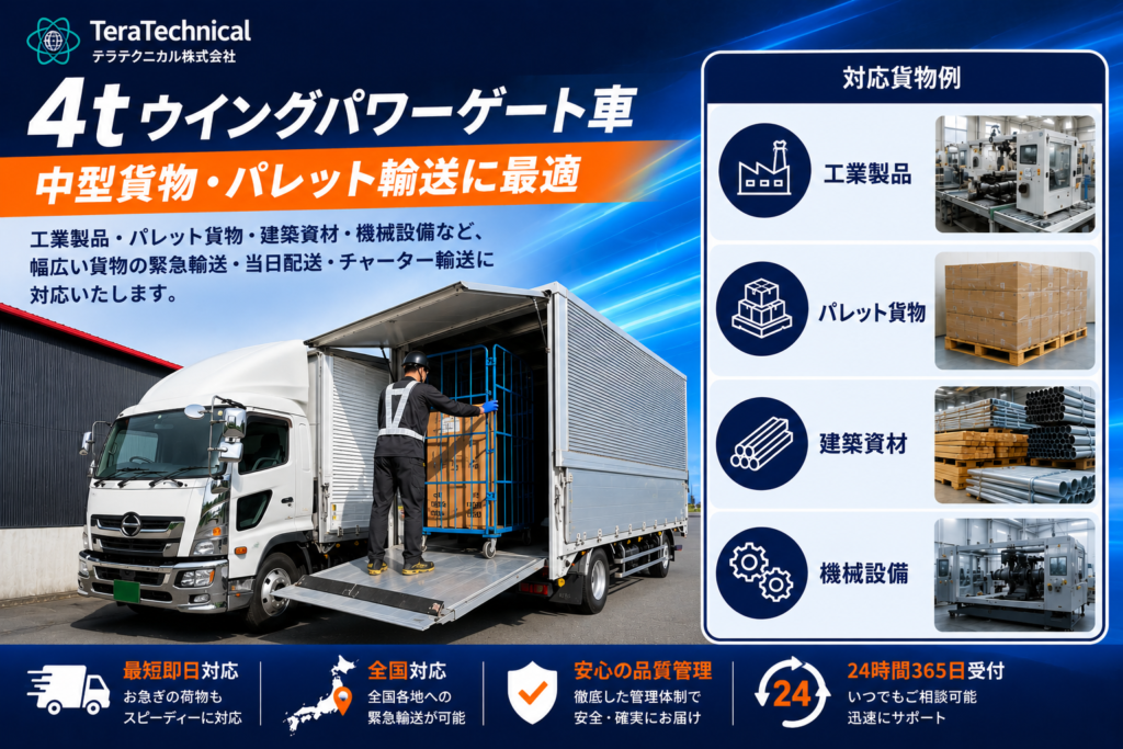 Advertisement for 4t wing power-gate truck by TeraTechnical, showing a loading ramp and cargo truck in use.