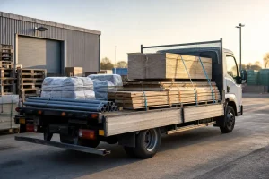 4t平ボディに建材を荷下ろし順を意識して積んだ早朝搬入のイメージ