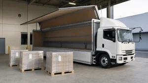 白いウイング車が倉庫前で荷台を開き、手前に荷札付きのパレットが3つ置かれた物流イメージ（AI生成イメージ）