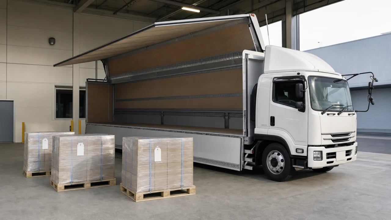 白いウイング車が倉庫前で荷台を開き、手前に荷札付きのパレットが3つ置かれた物流イメージ(AI生成イメージ)