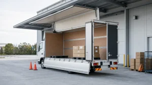 倉庫のドック前に停車した白い箱車の荷室が開き、内部と周囲に段ボール箱がある様子（AI生成イメージ）