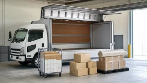 白い箱車が倉庫内で荷台を開け、段ボールやパレット荷物が前に置かれている。（AI生成イメージ）