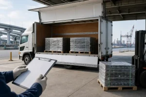 4tウイング車と自動車部品パレットの出荷前確認風景のイメージ