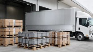 白い箱型トラックが倉庫前に停車し、パレット積みの段ボールと通い箱が結束された荷姿の写真風イメージ（AI生成イメージ）