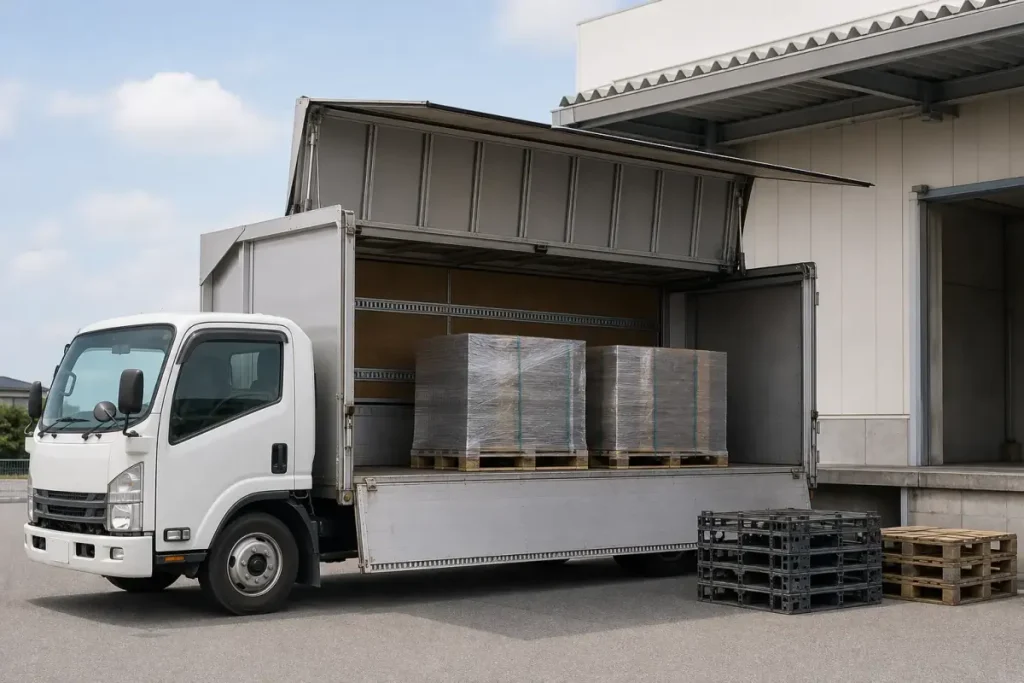 少量パレットの納品と空パレット回収を表した4tウイング車のイメージ