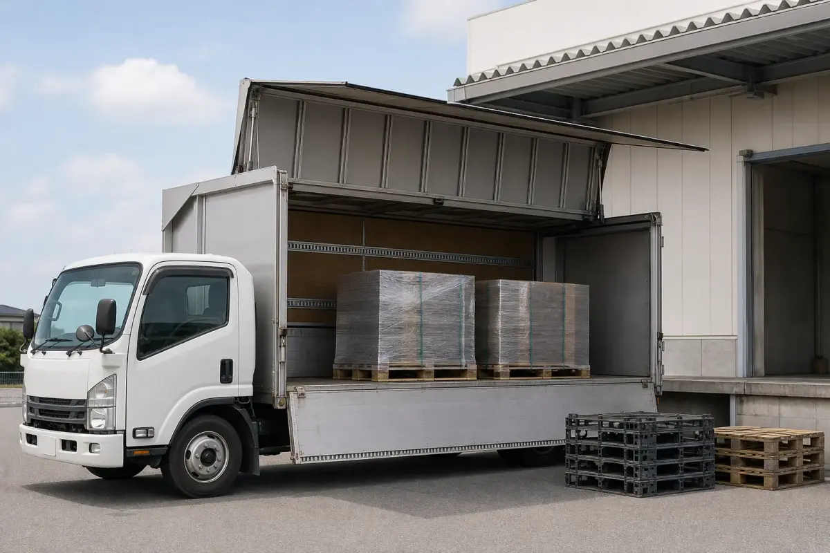 少量パレットの納品と空パレット回収を表した4tウイング車のイメージ